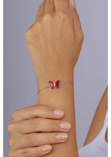 Kırmızı Taşlı Kelebek Gümüş Bileklik modelleri