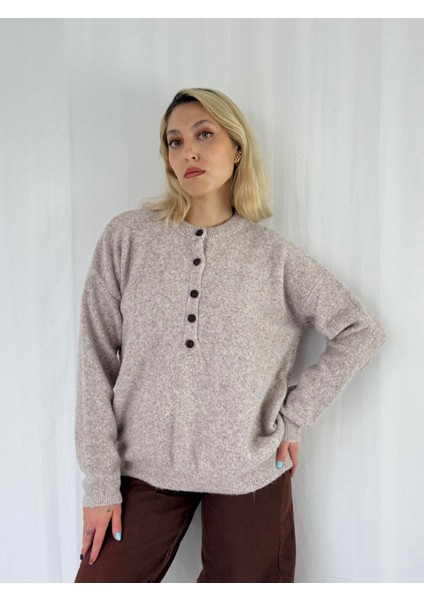 Şardonlu Önden Düğmeli Triko Kazak Kum Renkli modelleri