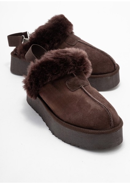 Olessa Kahverengi Deri Süet Kadın Kürklü Terlik