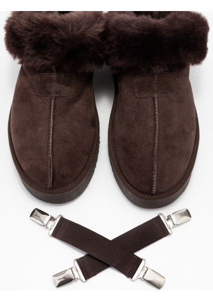 Olessa Kahverengi Deri Süet Kadın Kürklü Terlik