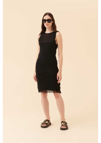 Kuşaklı Püsküllü Triko Elbise Siyah Y2279107_001