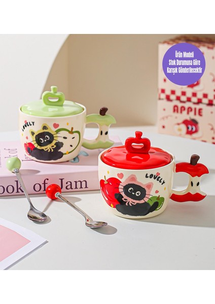 Sevimli Kedi Elma Temalı Seramik Kupa