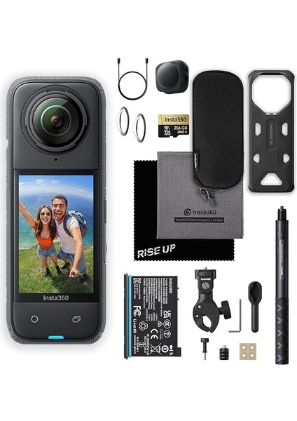 X4 Su Geçirmez 8k 360 Aksiyon Kamerası Motosiklet Kiti | 72MP 360 Fotoğraf, 4K Geniş Açılı Video Kamera | Ağır Hizmet Kelepçesi, Eylem Görünmez Selfie Çubuğu, Lens Kapağı ve 256 GB Micro Sd