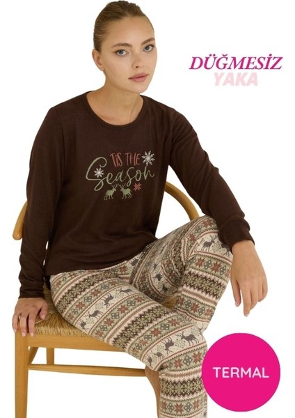 Kadın Bisiklet Yaka Düğmesiz Bilekler Lastikli/jogger Yumuşak Termal Kışlık Pijama Takımı