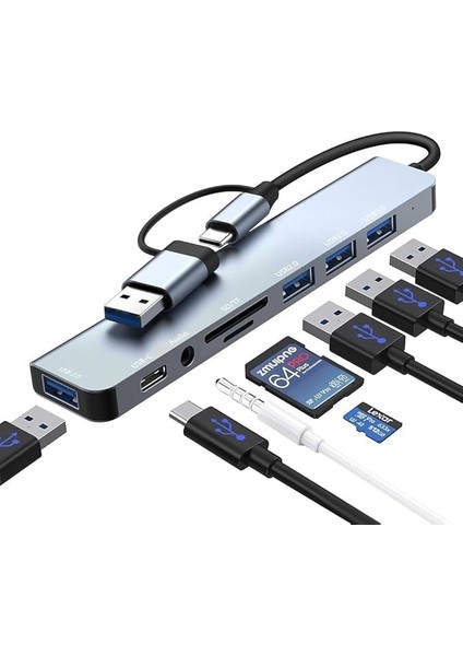 In 2 Usb/type-C To USB A, USB C-Sd ve Micro Sd/tf Kart Okuyucu Macbook Ile Uyumlu Çevirici Adaptör Çok Portlu Çoklayıcı USB Hub 3 x USB 2.0 Veri Bağlantısı, 3,5 mm Kulaklık Bağlantısı