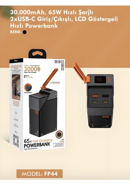30000MAH 65W Hızlı Şarjlı Dijital Göstergeli Taşınabilir 2usb 2type-C Girişli Powerbank Siyah indirimleri
