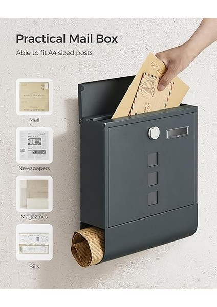 Posta Kutusu, Mektup Kutusu, Bakır Silindirli Kilit, Döner Kapaklı Pencere, Isim Etiketi, Gazete Bölmesi, Kolay Montaj, 10 x 30,8 x 33,8 Cm, Antrasit, GMB20AG fırsatları