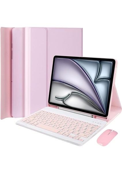 iPad Air 13 Inç (M3/2025, M2/2024) iPad Pro 12,9 Inç 6th/5th/4th/3. Nesil (2022/2021/2020/2018), Manyetik Çıkarılabilir Alman Qwertz Klavye, Kalem Tutuculu ve Fareli, Pembe