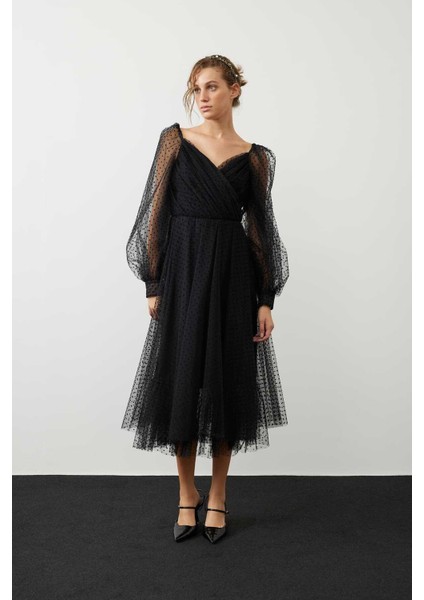 Puantiyeli Transparan Abiye Elbise Siyah K2311302_001 fırsatları