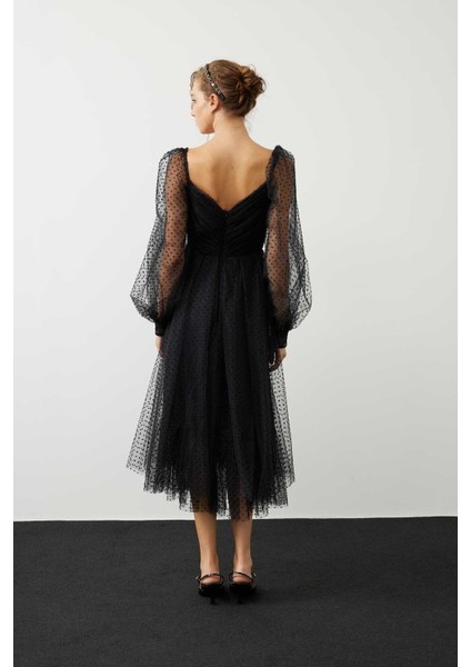 Puantiyeli Transparan Abiye Elbise Siyah K2311302_001 indirimleri