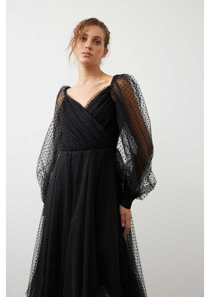 Puantiyeli Transparan Abiye Elbise Siyah K2311302_001