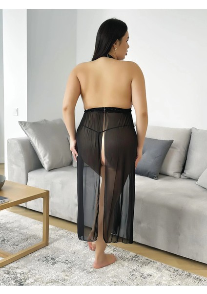 Derin Yırtmaçlı Büyük Beden Siyah Fantezi Gecelik modelleri