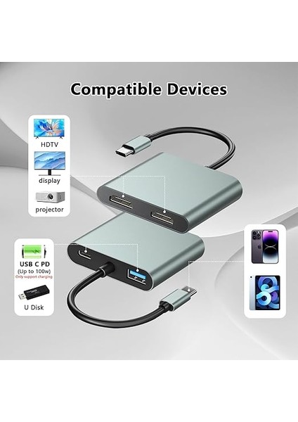 USB C - Çift HDMI Adaptörü - 4K@30Hz Çift Monitör HDMI Adaptörü, 100W Pd Şarj, Usb3.0 5gbps ve Thunderbolt 3 Dizüstü Bilgisayar/tablet Için Uyumlu fiyatları