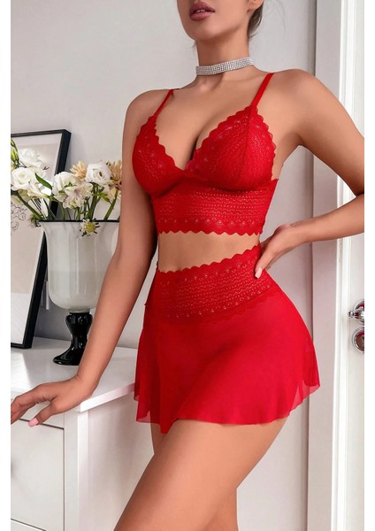 Kadın Kırmızı Dantel ve Tül Detaylı Etekli Şık Gecelik Takımı modelleri