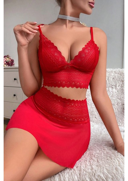 Kadın Kırmızı Dantel ve Tül Detaylı Etekli Şık Gecelik Takımı indirimleri