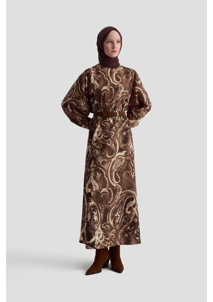 Desenli Elbise 25K9127 Camel