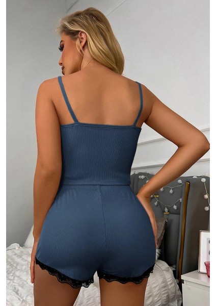 Kadın Lacivert Alt ve Üst Dantel Detaylı Şortlu Gecelik Takımı fiyatları