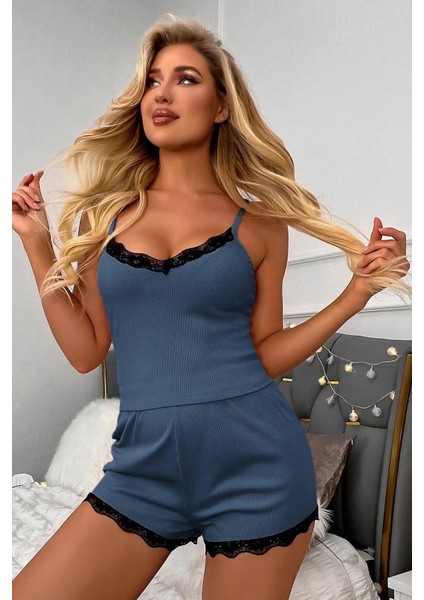 Kadın Lacivert Alt ve Üst Dantel Detaylı Şortlu Gecelik Takımı indirimleri