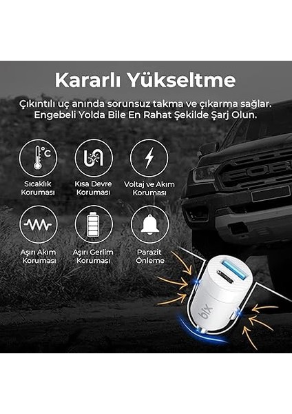 BXAC65C 65W Pd Type-C & 18W Usb-A Girişli Çift Portlu Hızlı Şarj Özellikli Araç Içi Şarj Cihazı Beyaz indirimleri