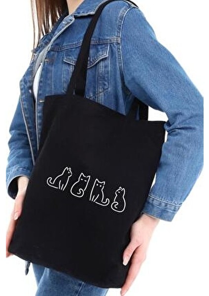 Minik Kediler Baskılı Siyah Kanvas 35x40 cm %100 Doğal Pamuk fiyatları