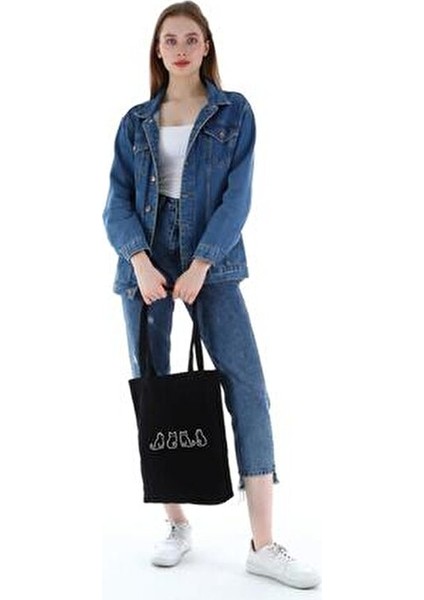 Minik Kediler Baskılı Siyah Kanvas 35x40 cm %100 Doğal Pamuk fırsatları