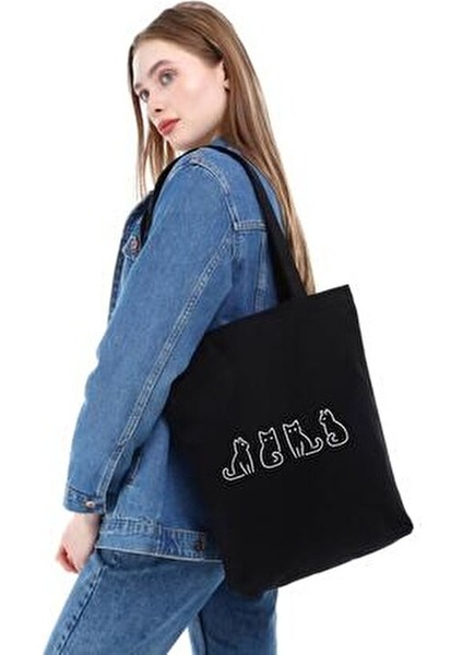 Minik Kediler Baskılı Siyah Kanvas 35x40 cm %100 Doğal Pamuk