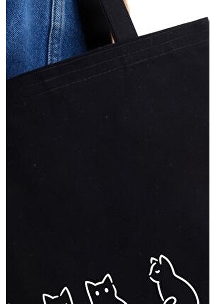 Minik Kediler Baskılı Siyah Kanvas 35x40 cm %100 Doğal Pamuk