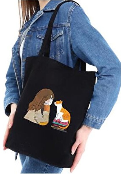 Çınar Kedili Kız Baskılı Siyah Bez Çanta 35x40 cm %100 Doğal Pamuk Malzeme fiyatları