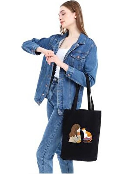 Çınar Kedili Kız Baskılı Siyah Bez Çanta 35x40 cm %100 Doğal Pamuk Malzeme modelleri