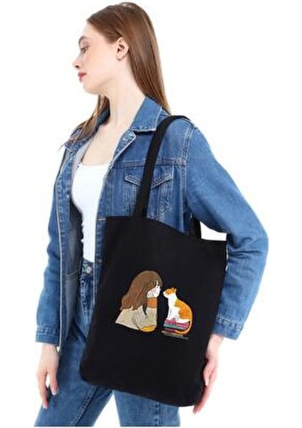 Çınar Kedili Kız Baskılı Siyah Bez Çanta 35x40 cm %100 Doğal Pamuk Malzeme indirimleri