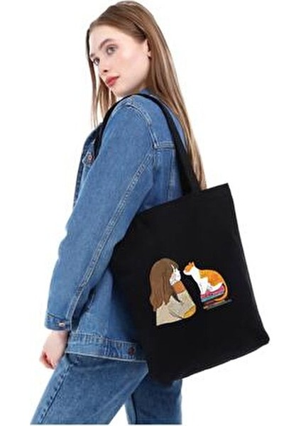 Çınar Kedili Kız Baskılı Siyah Bez Çanta 35x40 cm %100 Doğal Pamuk Malzeme