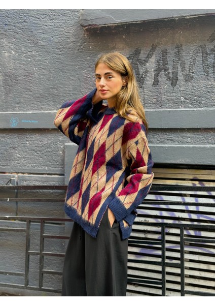 Şardonlu Tüylü Baklava Dilim Triko Kazak Kadın Camel