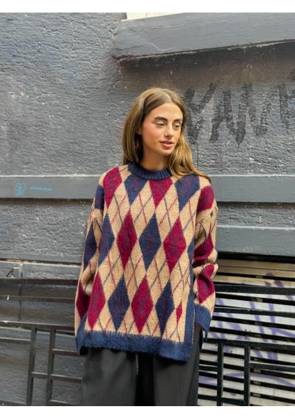 Şardonlu Tüylü Baklava Dilim Triko Kazak Kadın Camel modelleri