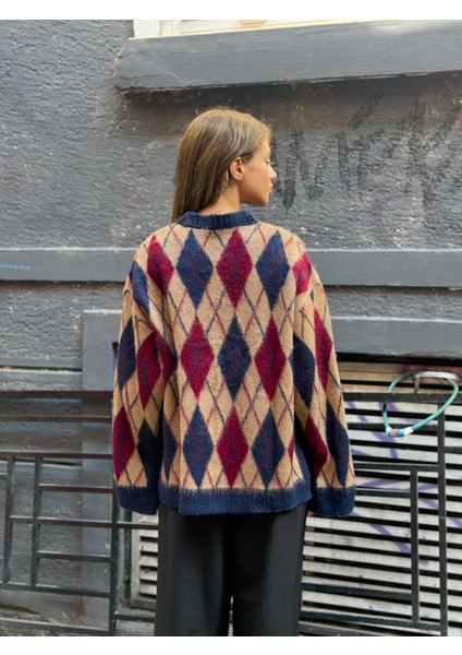 Şardonlu Tüylü Baklava Dilim Triko Kazak Kadın Camel