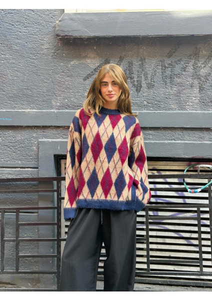 Şardonlu Tüylü Baklava Dilim Triko Kazak Kadın Camel