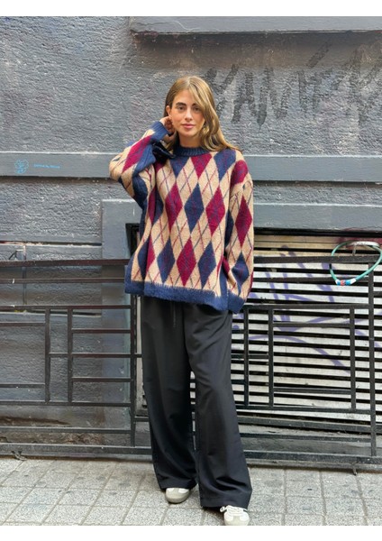 Şardonlu Tüylü Baklava Dilim Triko Kazak Kadın Camel