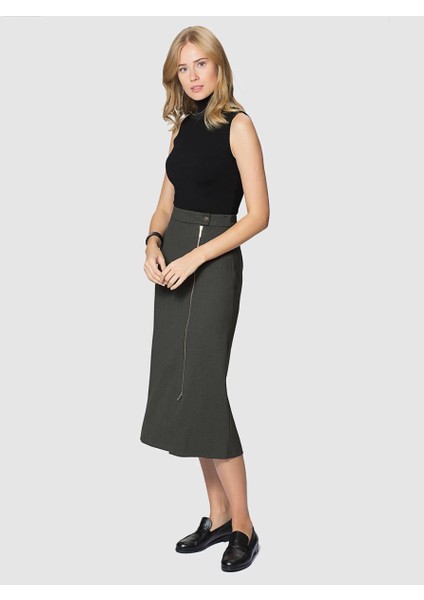 Fermuar Detaylı Yün Midi Boy Etek Siyah Haki K1815027_023