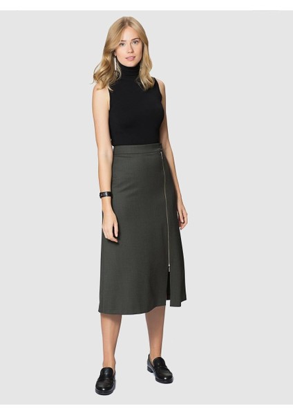 Fermuar Detaylı Yün Midi Boy Etek Siyah Haki K1815027_023 fiyatları