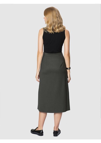 Fermuar Detaylı Yün Midi Boy Etek Siyah Haki K1815027_023 modelleri