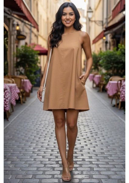 Kadın Halter Yaka Mini Boy Camel Elbise