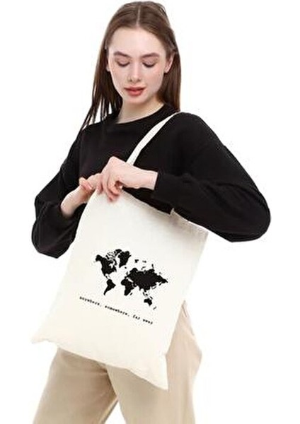 Anywhere Somewhere Far Away Baskılı Bej Ham Bez 35x40 cm