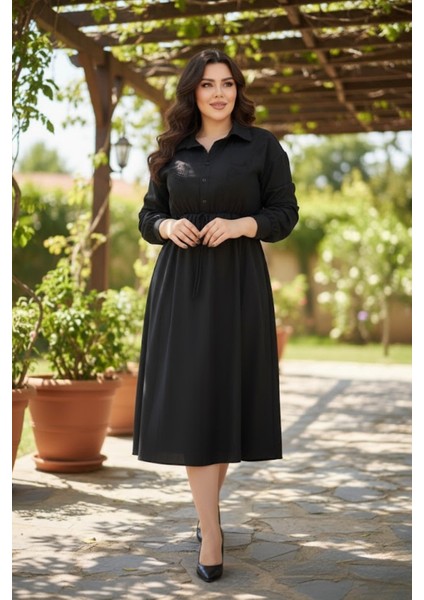 Kadın Siyah Ajur Nakışlı Kiloş Polo Yaka Düğmeli Elbise