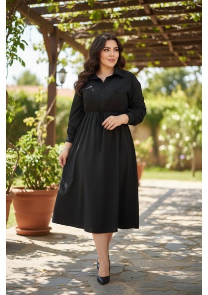 Kadın Siyah Ajur Nakışlı Kiloş Polo Yaka Düğmeli Elbise fiyatları