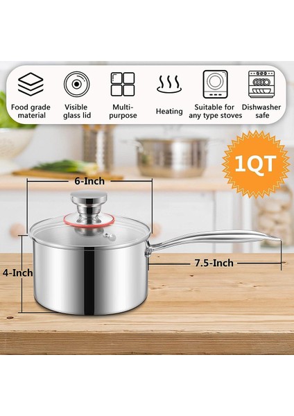 QuirkyQuar 1 Qt Tenceresi, Cam Kapaklı Paslanmaz Çelik Süt Sosu Tavası, Yemek Pişirme Için Mutfak Indüksiyon Tenceresi (Yurt Dışından) fiyatları