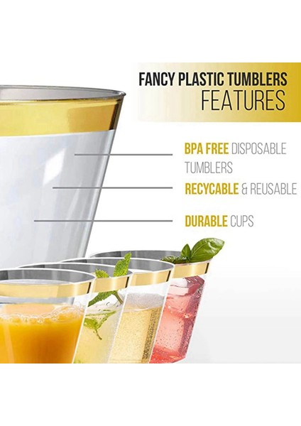 QuirkyQuar Plastik Fincan 9 Oz Sert Tek Kullanımlık Fincan Plastik Şarap Cam Partisi Düğün Şarabı Bardağı Şeffaf Plastik Fincan -Altın Jant (Yurt Dışından) fırsatları