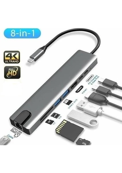 Macbook Pro Air Uyumlu USB Type-C 8 Hub Dönüştürücü Çevirici Çoklayıcı USB Hdmı Micro Sd 8 Girişli