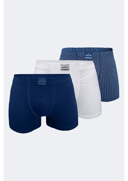 Erkek Desenli Beyaz Lacivert 3 Lü Pamuk Elastan Boxer 3M074
