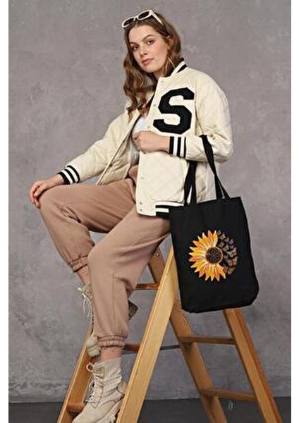 Papatya ve Kelebekler Desenli 35x40 cm Siyah Kanvas Çanta fiyatları