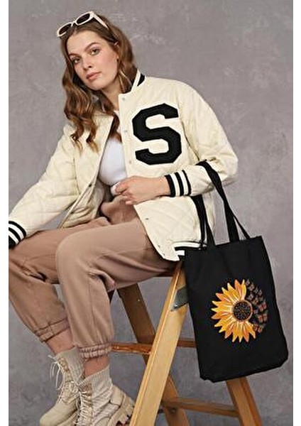 Papatya ve Kelebekler Desenli 35x40 cm Siyah Kanvas Çanta modelleri