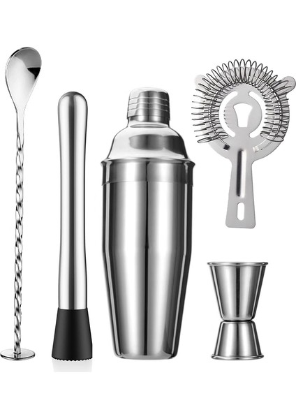 QuirkyQuar 5 Parçalı Kokteyl Çalkalayıcı Seti Çalkalayıcı Süzgeç Jigger T-Karışım Kaşık Çamurlu Barmen Kiti Paslanmaz Çelik Çubuk Seti (Yurt Dışından)